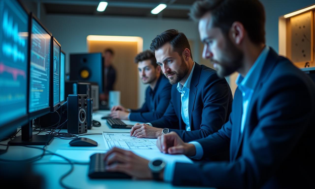 A team of engineers collaborating in a modern audio design laboratory, showcasing professional expertise and focus on details.