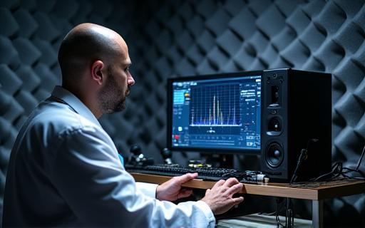 An engineer performing meticulous acoustic measurements inside a professional anechoic chamber.