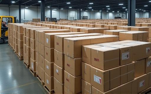 A large volume of neatly packaged speakers ready for shipment, showcasing mass production capabilities.