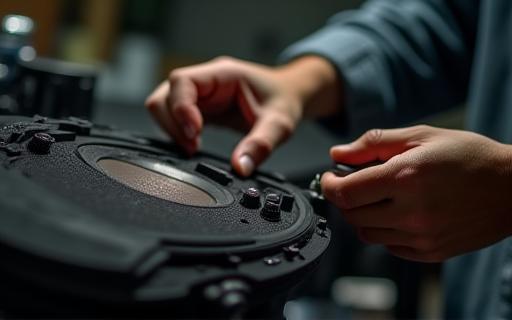 Hands meticulously inspecting a newly assembled loudspeaker for quality assurance and defect detection.